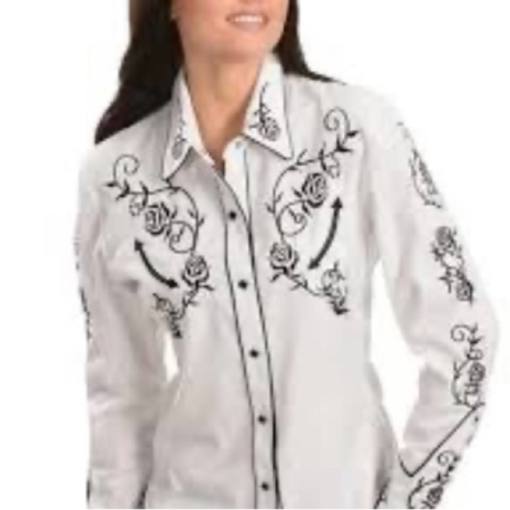 Scully SZ M Womens Western White and Black Embroidered with Roses Shirt - Picture 3 of 15